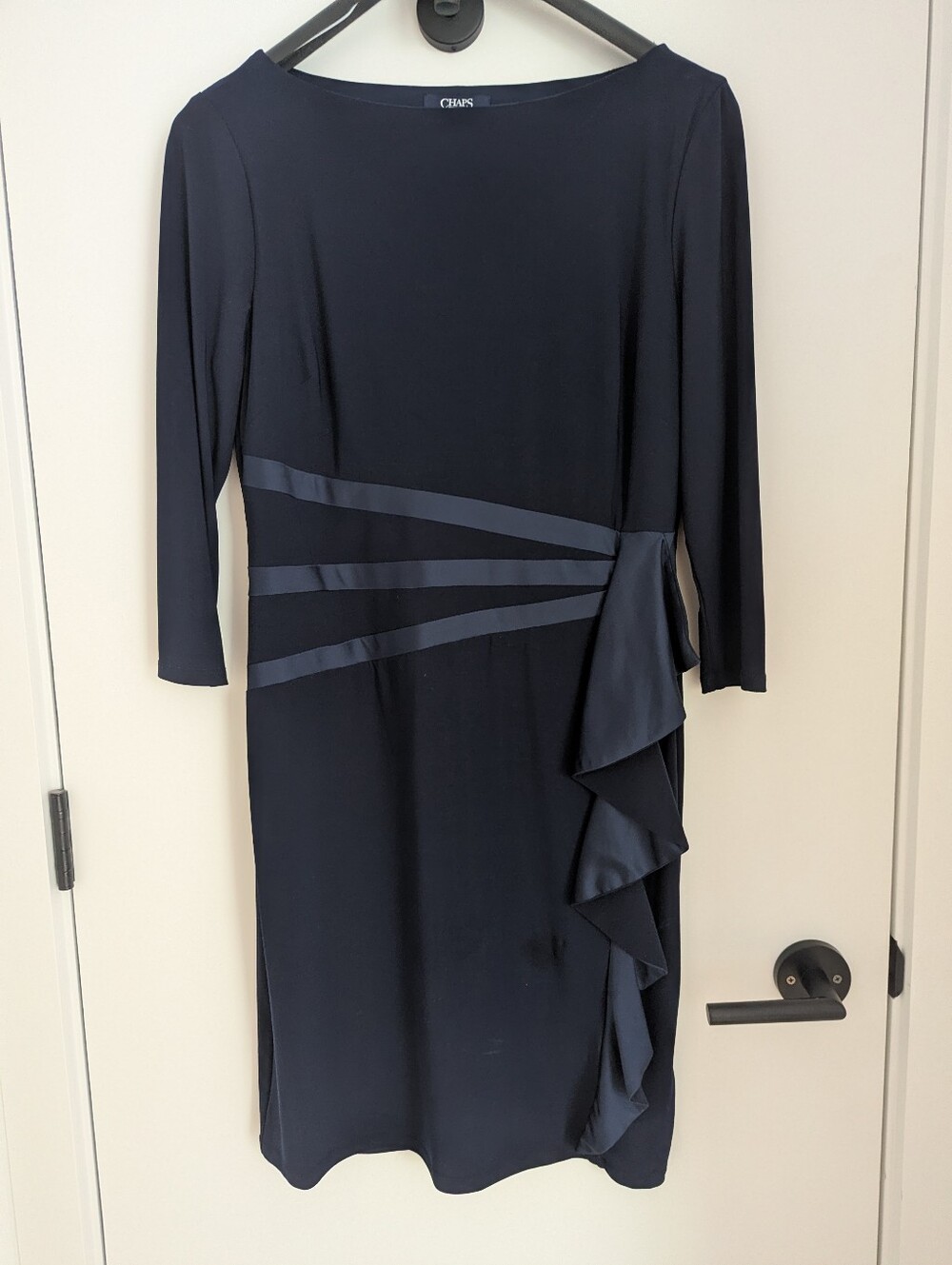 Chaps Navy 3/4 Length Sleeve Ruffle Sheath Dress